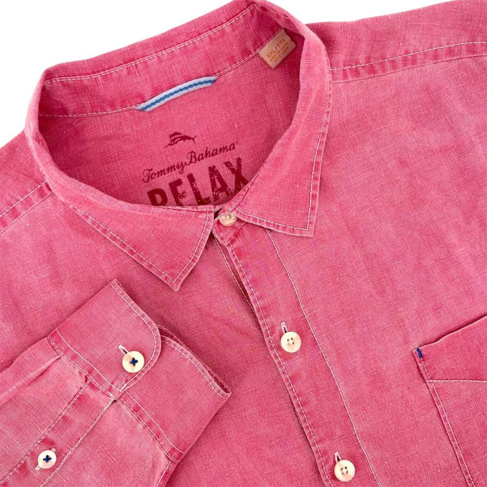 Tommy Bahama Relax Mens XXL Red 100% Linen Long Sleeve Button Up Shirt Pocket